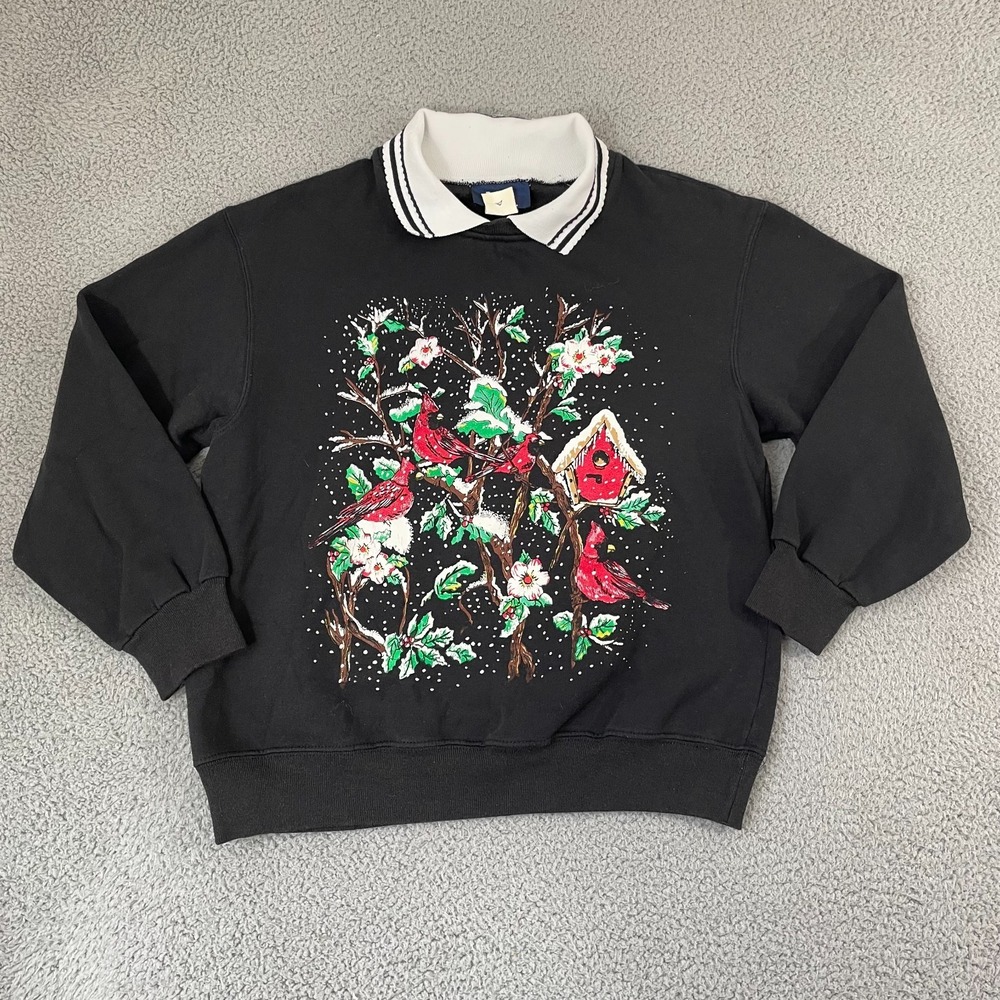 Vintage Cardinal Birds Snow Collared Sweatshirt  L Black 90s Cottage Grandma